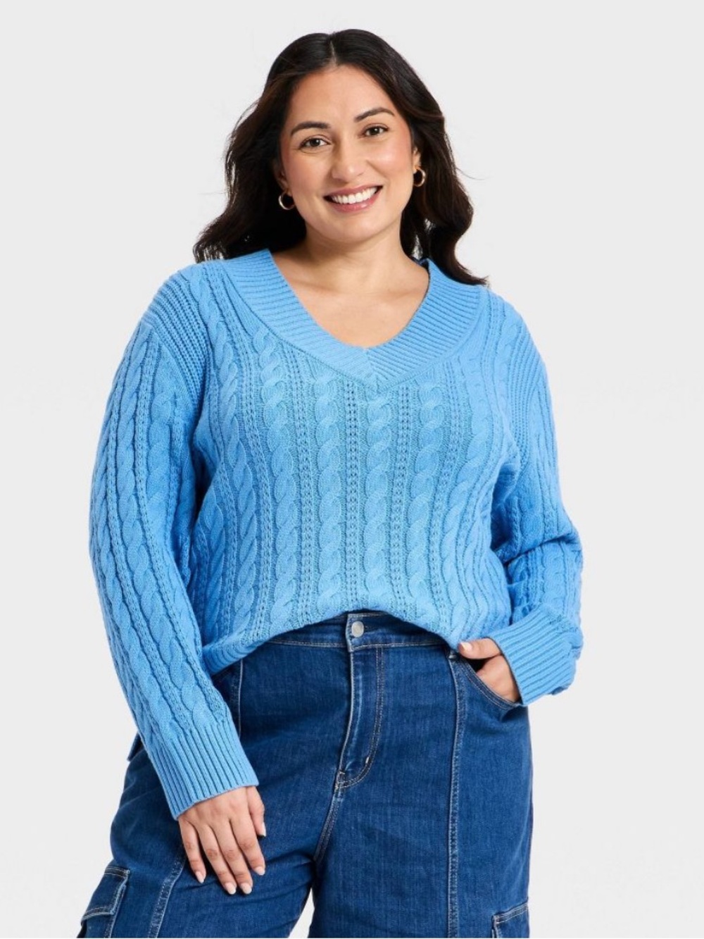 Women's Long Sleeve Cable Knit V-Neck Pullover Sweater Ava & Viv Blue NWT